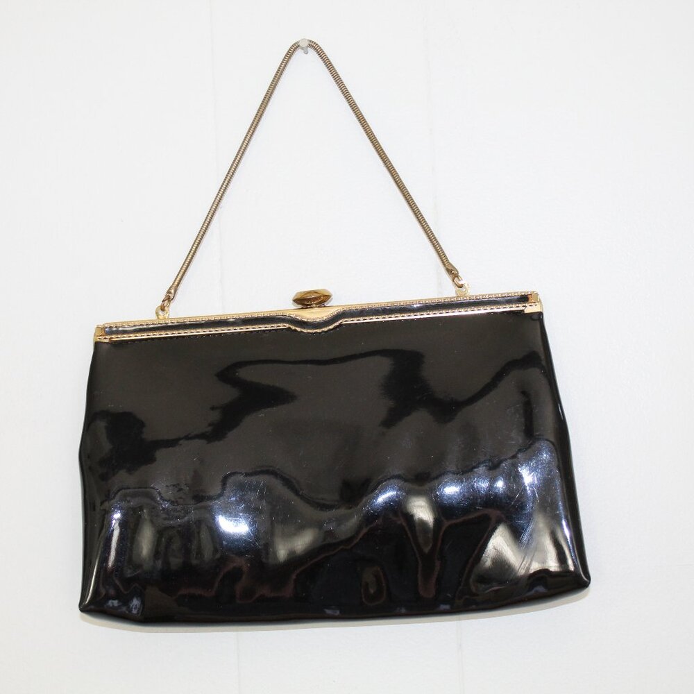 60S ANDE' Vintage Shiny Black Patent Leather Purse Clutch or Chain Handle Purse